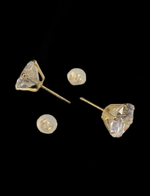 White Circle Stone Stud Earrings Push Back Gold 10k